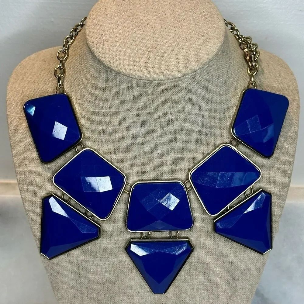 Vintage Express Geometric Chunky Stone Adjustable Statement Bib NecklaceāBlueāOS